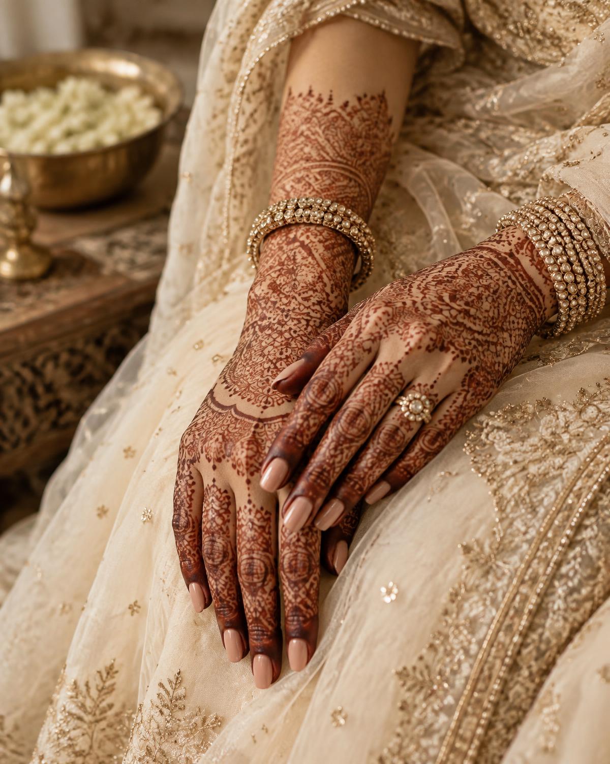 Detailed bridal henna across both hands and forearms