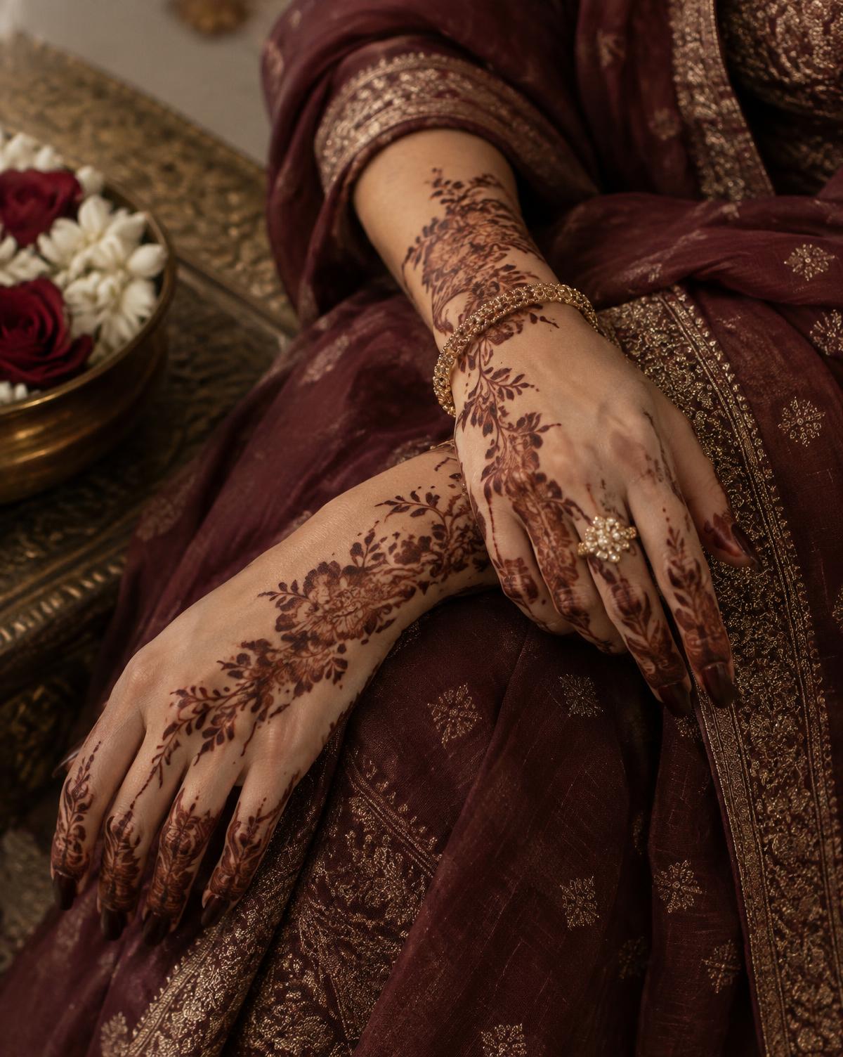 Floral festive henna paired with deep maroon fabric