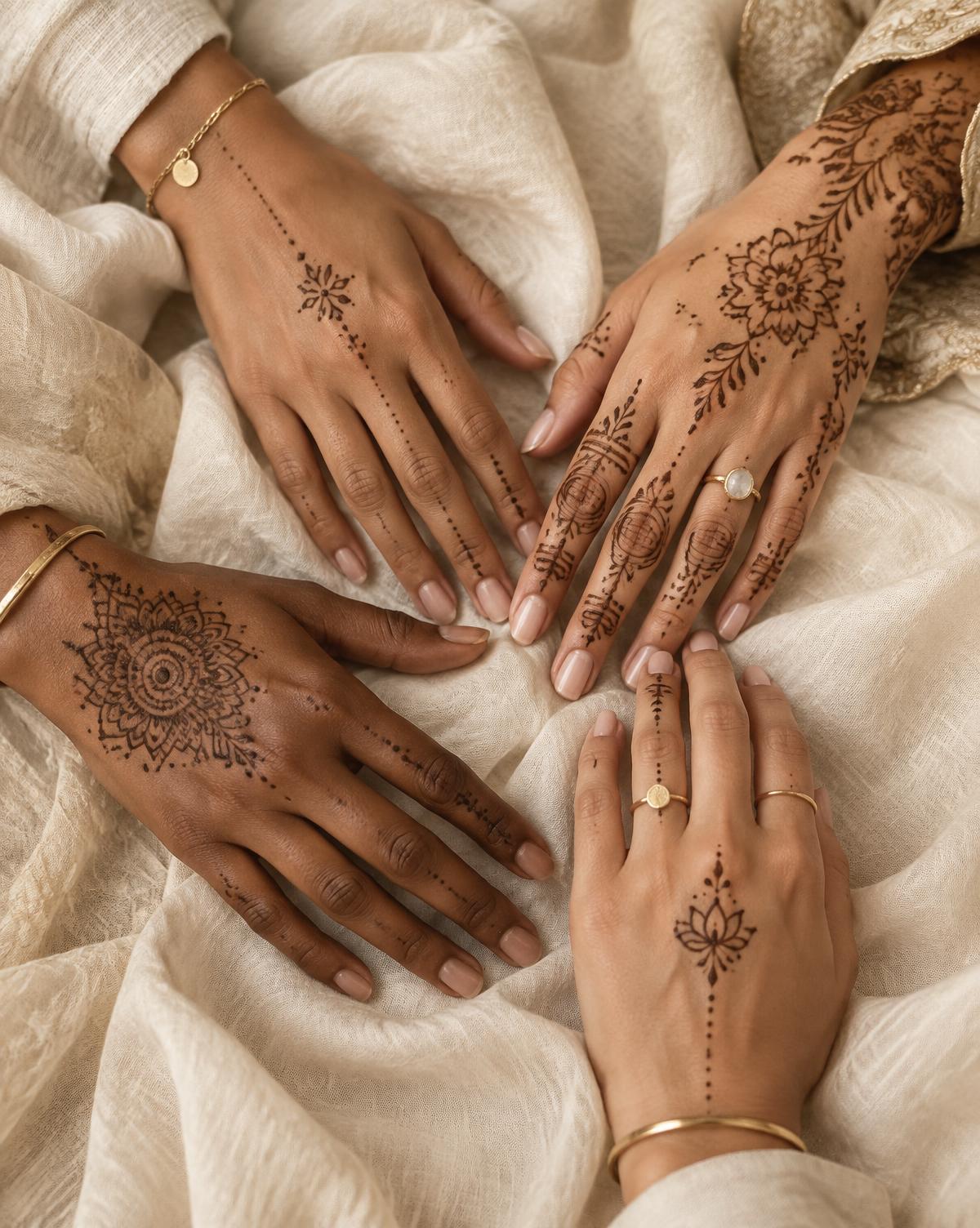 A group of hands showing modern and traditional henna