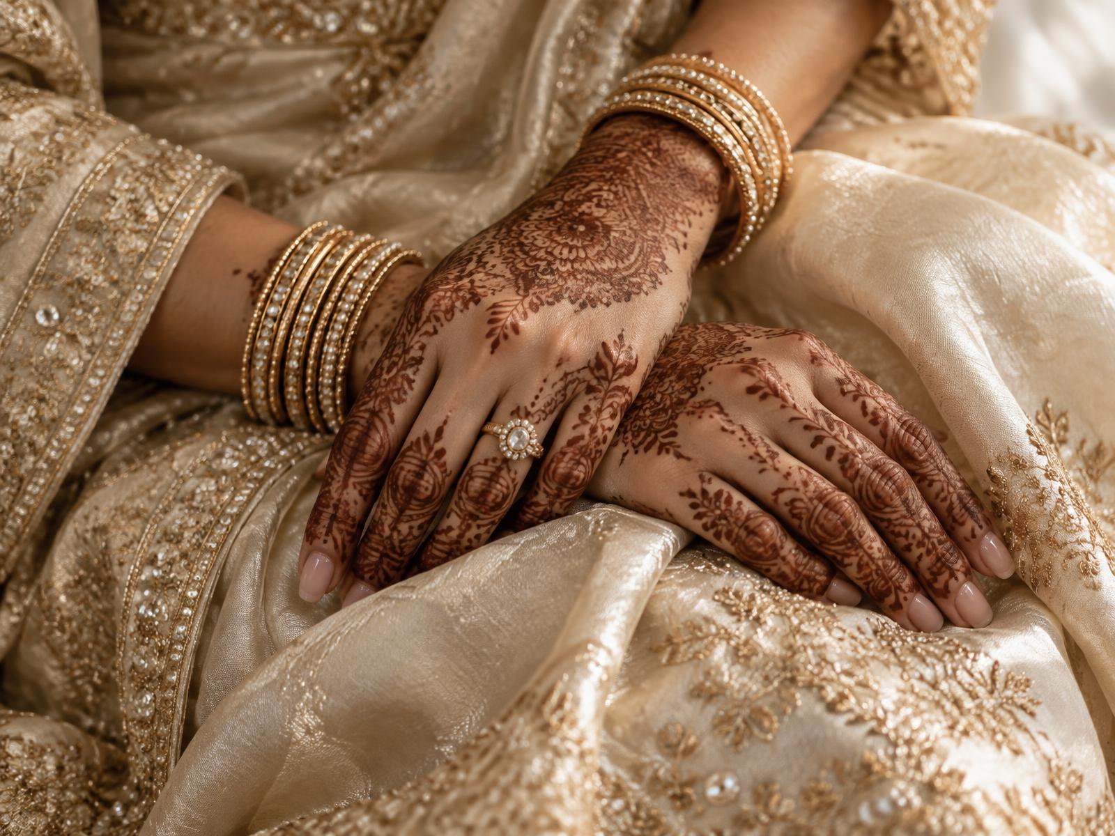 Bride's intricately decorated henna hands resting on ivory fabric